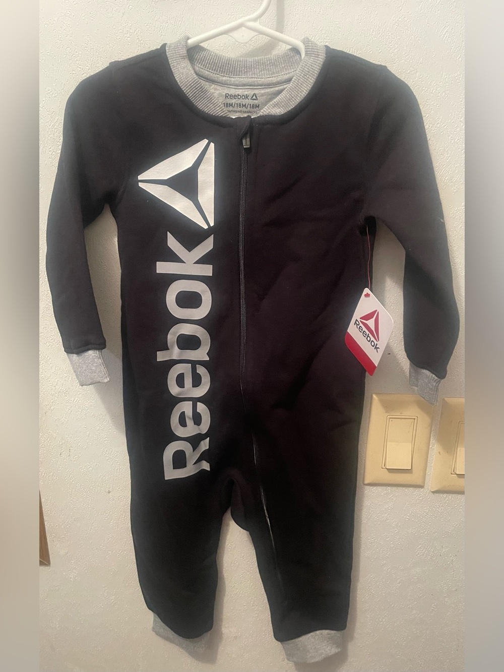 Reebok Black One-Piece Romper Sweatsuit with White Logo and Gray Trim - Kids